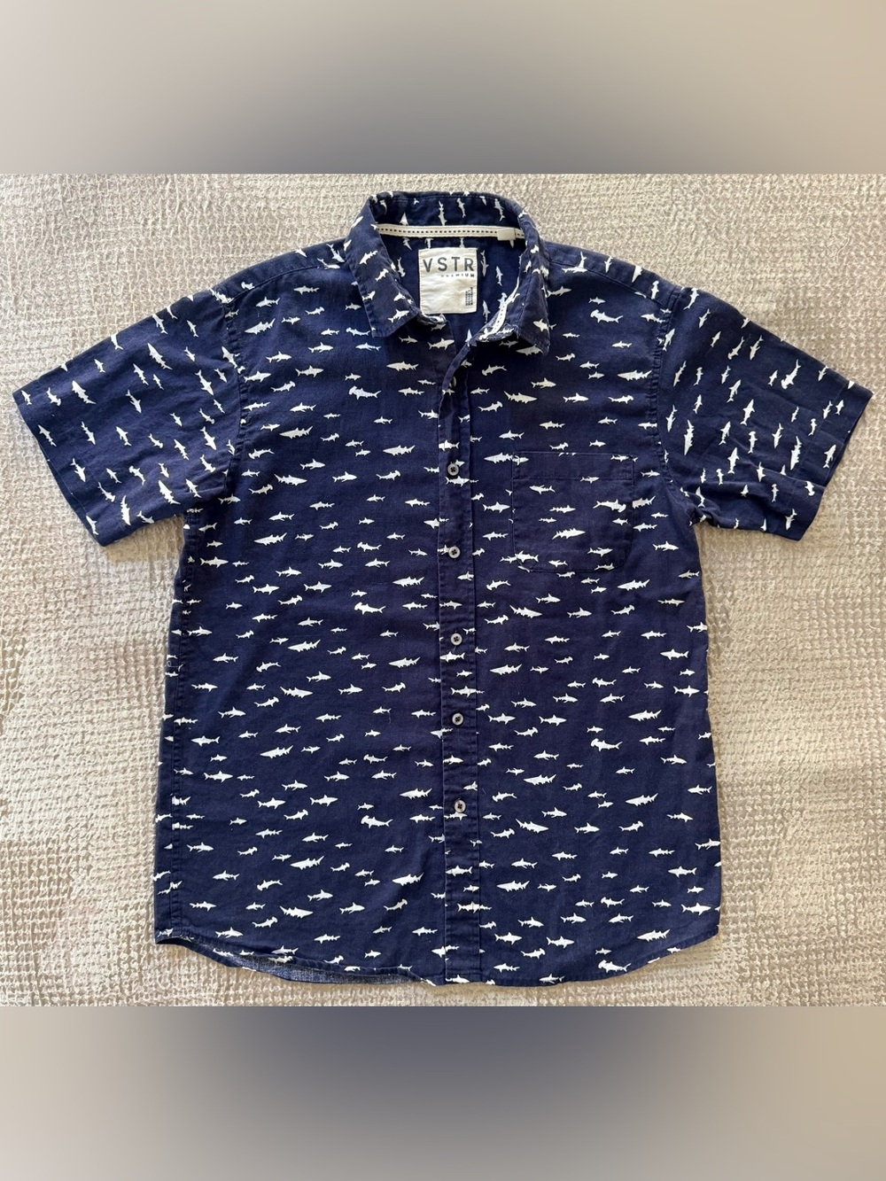 VSTR Premium Shark Print Linen Cotton Button Up Shirt Men’s S Navy